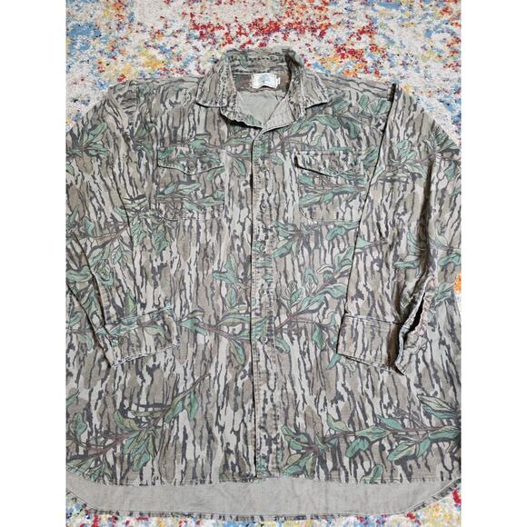 Vintage 90s Mossy Oak Green Leaf Camo T-Shirt Men's XL Button Up Long Sleeve USA - Picture 1 of 6